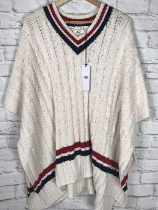 UGG Sweaters - NWOT UGG Women's Weslynn Cream Wool Stiped Cableknit Poncho Sweater Size M/L